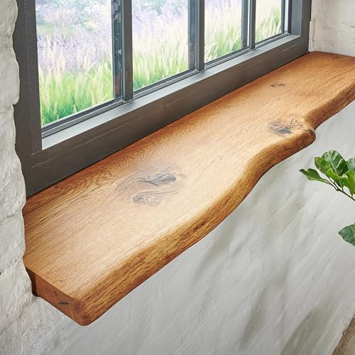SPONHOLZ Alféizar de la ventana de madera maciza de roble | borde de árbol rústico | 90 x 25 cm | manufactura alemana, natural, estantería, tabla, placa, cubierta