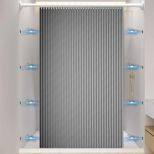 YIHANGG Impermeable Plegable Resistente Cortina de Ducha con Ganchos, Cinta Magnética A Prueba de Salpicaduras Antimoho De Lino Cortina de Ducha para Baño(W100 × H200cm,Gray)