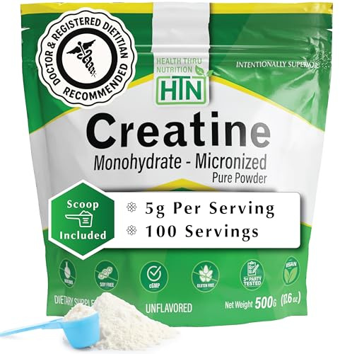 Health Thru Nutrition Creatine Monohydrate Micronized Powder – 500g Pure Unflavored – 5g Per Scoop – Workout Support, Muscle Fuel and Recovery Bulk Supplement | Non-GMO, Vegan