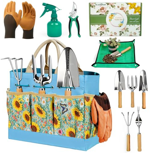 SLARMOR Kit de Jardinage Robuste 10 pièces en Acier Inoxydable avec sécateur Gants et Sac de Rangement idéal pour Femmes et Hommes Un Cadeau Parfait pour Les jardiniers