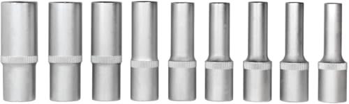 SW-Stahl 05680L E-Profil Steckschlüssel-Satz 1/2 Zoll, 9-tlg., E10-E24 | Extra lange Ausführung aus Chrom-Vanadium-Stahl, matt verchromt, inkl. Klemmschiene, Premium Qualität für Werkstatt