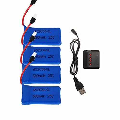 YUNIQUE GREEN-CLEAN-POWER - Set mit 4 Lipo-Batterien 25C 3.7V 380mAh für Drohnen | Inklusive Ladegerät | Kompatibel mit HUBSAN X4, H107, V252, 38x20x8 mm - 12 gr, Blau