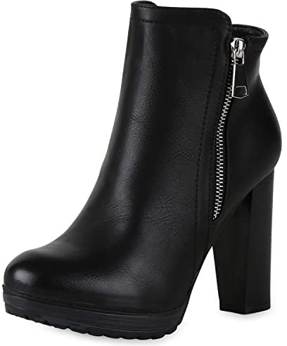 Gefütterte Damen Schuhe Plateau Boots Leder-Optik High Heels Stiefeletten 152121 Schwarz Zipper Brito 40 Flandell