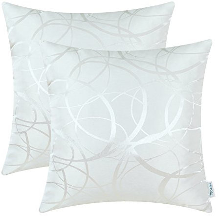 CaliTime Kissenbezüge Kissenhülle Packung mit 2 Schalen für Couch Sofa Heimdekoration modern glänzend und matt Kontrast Kreise Ringe geometrisch 40cm x 40cm weiß