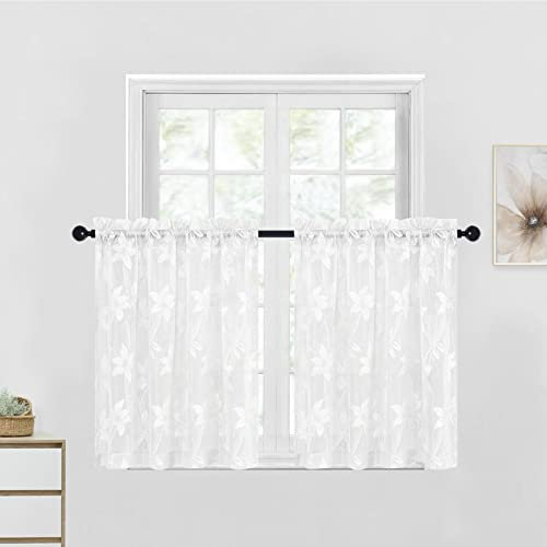 DWCN Kurze Küchengardinen – weiße Flora-Spitzenstangentaschen-Vorhänge für Küche, Wohnzimmer, Badezimmer, 132,1 x 91,4 cm, 2 Paneele, Spitze weiß