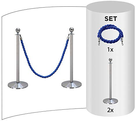 2-Stück-Set FLEXIBARRIER Personenleitsystem Absperrung mit Kordel -Basic- (Silber) Kordelständer/Absperrständer (2X Pfosten + 1X Blau Kordel)
