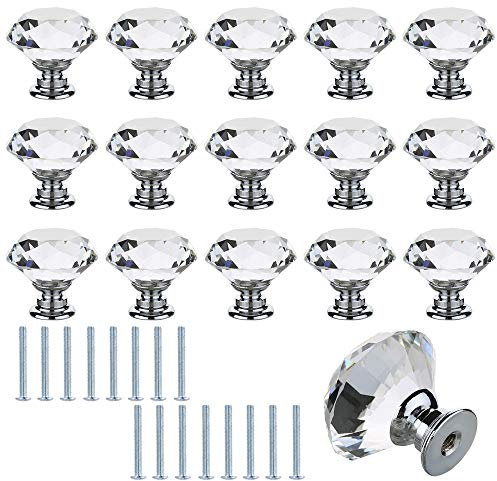 ManLee 16pcs 30mm Boutons de Porte de Placard Cristal Tiroir de Porte Poignée à Diamant Clair Bouton de Meuble en Verre Transparent Moderne Décoration pour Cuisine Commode Table de Chevet avec Vis
