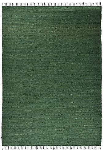 Theko Dhurry | Fleckerl | Flachgewebe-Teppich aus 100% Baumwolle; handgewebt, waschbar, beidseitig verwendbar | 70 x 140 cm; Dunkelgrün | Happy Cotton