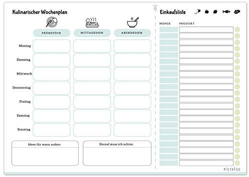 PICTALOO Kulinarischer Wochenplan, Menüplaner & Einkaufsliste in Din A4 mit 50 Blatt, der Essensplaner für die ganze Woche inkl. Platz für Ideen (blau magnetisch)