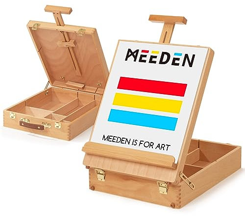 MEEDEN Large Sketchbox Easel, Adjustable Beech Wood Artist Tabletop Painting Storage Box, Portable Studio Desktop Storage Case to Store Acrylic Paints,Oil Paints,Paintbrushes,Sketch Pad &Art Supplies