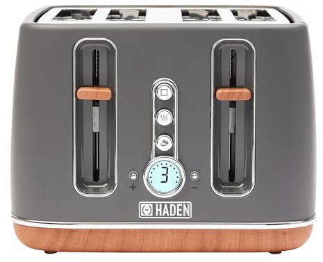 Haden Dorchester Grey Toaster 4 Slice - Variable Browning Levels - Digital Controls & Wide Slots 4 Slice Toaster - Cancel/Defrost/Reheat Settings - With Wood Effect Finish
