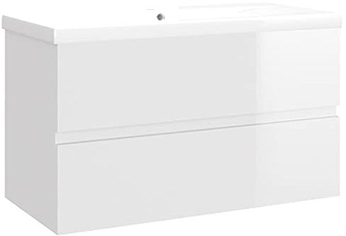 vidaXL Waschbeckenunterschrank mit Einbaubecken Unterschrank Badschrank Badezimmerschrank Waschtisch Hängeschrank Badmöbel Hochglanz-Weiß Holzwerkstoff