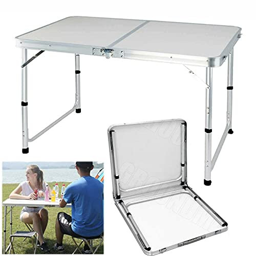 Klapptisch, Picknicktisch, Outdoor, Party, Esstisch mit tragbarem Griff, ideal für Camping, Buffet, Hochzeit, Markt, Garten, 120 cm, Aluminiumrahmen und verstellbare Höhe