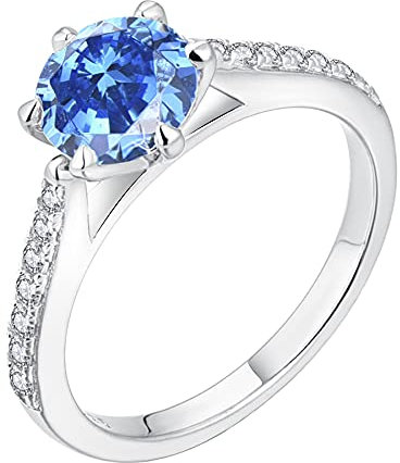 JO WISDOM Damen Ring Silber 925,Verlobungsring Hochzeitsring Promise Ring mit 7mm 5A Zirkonia März Geburtsstein Aquamarin Farbe, Schmuck für Frauen