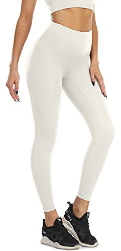 icyzone Damen Sport Leggings Blickdicht 7/8 Sporthose High Waist Yoga Hose Fitness Leggins (M, Cream White)