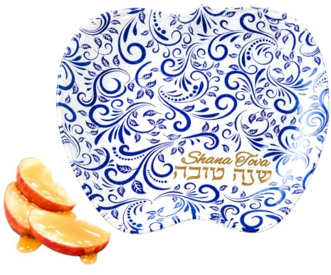 Rosh Hashanah Apple Shaped Honey Dish Glass Blue & Gold Jewish New Year Judaica Hostess Gift Shana Tova Serving Platter Apple & Honey Pot Centerpiece Holiday Accessories Party Favors Table Decor