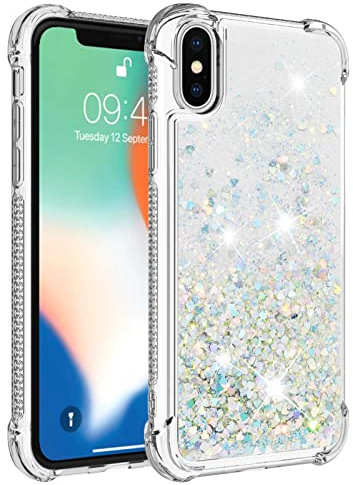 KBIKO-zxl Clear Case Compatible with iPhone XS Phone Case TPU Cover Glitter Liquid Case for iPhone X/iPhone XS, Transparent Sequin Back Case for iPhone X/iPhone XS.Silver YBL