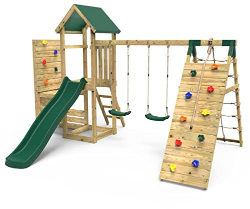 Rebo® Wooden Climbing Frame with Vertical Rock Wall, Swing Set and Slide - Greenhorn | OutdoorToys | Kids' Outdoor Wooden Garden Play Equipment, Children's Jungle Gym