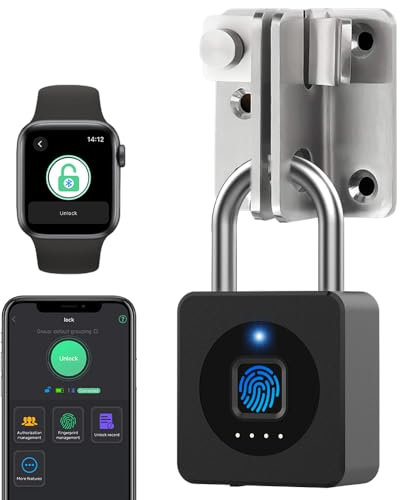 eLinkSmart Vorhängeschloss für Fitnessstudio, Entsperren per Fingerabdruck oder iOS Watch App, mehrbenutzer, wasserdicht, schlüsselloses Schloss für Spind, Garage, Schuppen, Schule, Outdoor, Schwarz