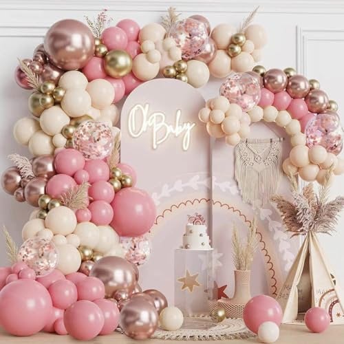Luftballon Girlande Rosa Gold, 128 Stück Retro Rosa Rosegold Ballon Girlande, Luftballons Pastell Rosa Beige Weiß für Boho Geburtstag Hochzeit Verlobung Babyparty Party Dekorationen