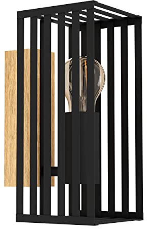 EGLO Wandleuchte innen Cidraz, Wandlampe Vintage, Wandbeleuchtung aus Metall in Schwarz und Holz in Eiche, FSC100HB, Wand Lampe für Flur und Wohnzimmer, E27 Fassung