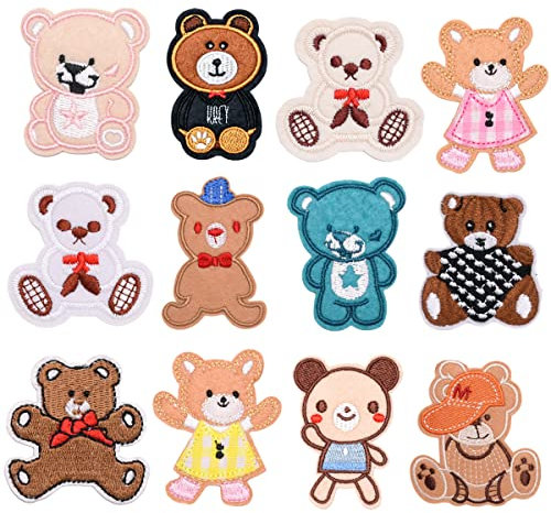 Weenkeey 12 Stück Bär Aufbügeln Patches Niedlich Bär Aufnähen ApplikationenTeddybär Gestickte Aufnäher Kinder Bügelflicken für Kleid Jeans Jacken Hüte Taschen Schuhe