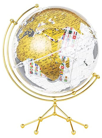 OLOTU Globus Kinder Weltkugel Aus Acryl, Klar, Mit Integriertem Würfel, Flaggenmuster, Drehbarer Globus, Goldenes Stativ, Geo-schreibtischdekoration, Globus Globus Dekor