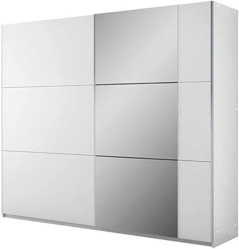 Schiebeschrank Bastia 250 cm mit Spiegel, Kleiderschrank Schlafzimmer, Wohnzimmer - 250 x 215 x 65 Farbe: Weiß, Schwebetürenschrank mit 3 Kleiderstange, Ablagen und 2 Schubladen; Mehrzweckschrank