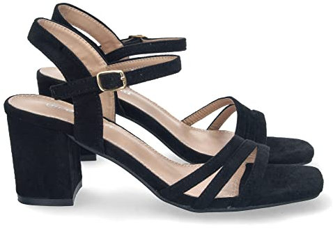shoes&blues.es 72094-Sandalia de Tacon para Mujer, Comoda, con Palas Finas, Talon Abierto, y Cierre de Hebilla, Primavera Verano 2023. Talla 39 Negro