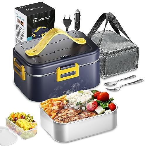 E-MANIS 75W Fiambrera Electrica,1.8 L Calentador Comida 12V/24V/220V,3 en 1 Lancheira Portatil Rápida Aquecedor con cubiertos y Bolsa de Aislamiento para Coche,Camión,Oficina (Azul)