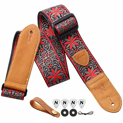Nefelibata Gitarrengurt,2 Doppelte Lederenden,Vintage Woven W/FREE BONUS-4 Picks+Strap Locks+Strap Button,Bestes Geschenk für Bass,Elektro&Akustik Gitarren für Gitarre(Vintage rot braun Stickerei)