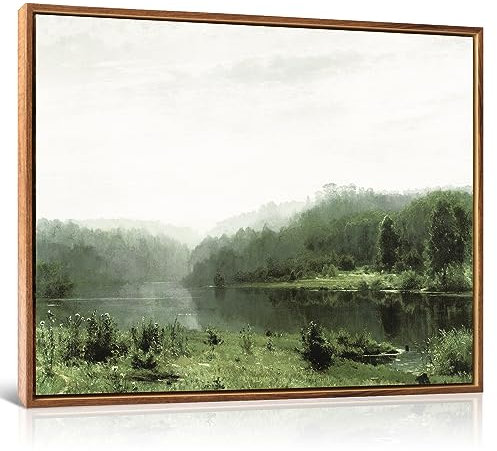 HLNIUC Grünes Ölgemälde, klassisches Ölbild, Leinwand-Wanddekoration, Naturgerahmte Leinwand, Wandkunst, Aquarell, Wald, Holzrahmen, Kunstdrucke, Seeszene für Wohnzimmer, Toilette, Schlafzimmer (große