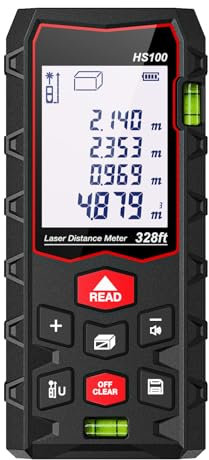 Laser Measure 328ft, Charcity Laser Distance Meter 100M(M/in/F) with 2 Bubble Levels, Mute Function IP54 Waterproof Large LCD Backlit, for Pythagorean Mode, Measuring Distance, Area, Volume