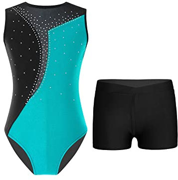 iEFiEL Mädchen Glitzer Turnanzug Ärmellose Leotards Rückenfrei Ballettanzug mit Strass Ballettkleidung Gymnastikbody Tanzkostüm Vc Blau Grün Schwarz 134-140