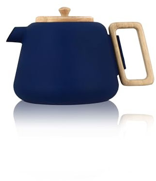 OGO LIVING - Théière en fonte Viggo 1000ml Bleue avec filtre en inox - Poignée et couvercle en bois - Idéale pour les amateurs de thé