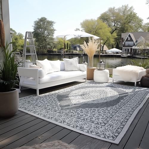 ELLE Decoration In und Outdoor Teppich Orientalisch– Wendeteppich Wetterfest & Wasserfest – Vintage Design Outdoorteppich Orient für Garten, Balkon, Terrasse, Wohnzimmer – Silber, 200x290cm