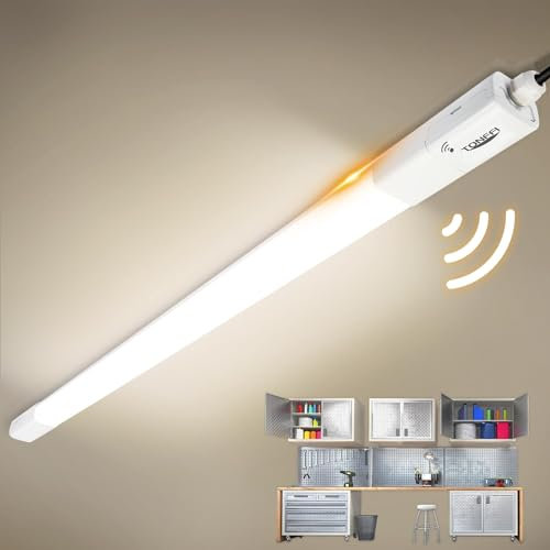 TONFFI 4 Stück Feuchtraumleuchte LED 115CM mit Bewegungsmelder, 36W 4100lm 4000K Linkable LED Sensorlampe Wannenleuchte Kellerleuchte Büroleuchte IP65 für Garage, Balkon, Keller, Flur, Treppe, Büro