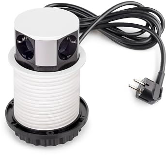 Emuca - Multiconnettore Vertikal Push diametro 100mm, 3 spine di tipo Schuko, 1 USB tipo A, 1 USB tipo C, Acciaio e Tecnoplastica, Verniciato bianco