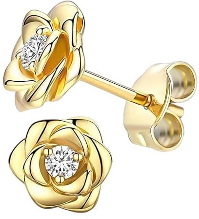 1 Pair of Gold Rose Flower Earrings with 1 Black Jewelry Box, Earrings for Women, Piercing Jewelry, Flower Earrings, Gold-Plated Sterling Silver Stud Earrings, Gift for Women.