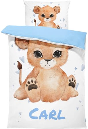 Pictogogo Personalisierte Baby Bettwäsche mit Löwe 80x80 cm, Wählbare Unterfarbe aus Baumwolle, Kinderbettwäsche Mit Namen, Babybett Komplett Set Mit Reißverschluss (Löwe, 80 x 80 cm)