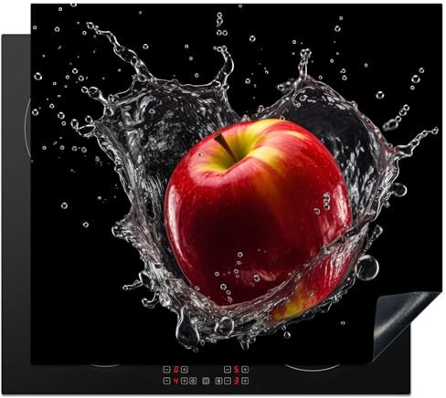 KitchenYeah© Herdabdeckplatte Einteilig Ceranfeld Abdeckplatte Induktionsschutz Küche Deko Vinyl Matte Aufrollbar Apfel - Rot - Wasser - Schwarz - Frucht - 60x52 cm