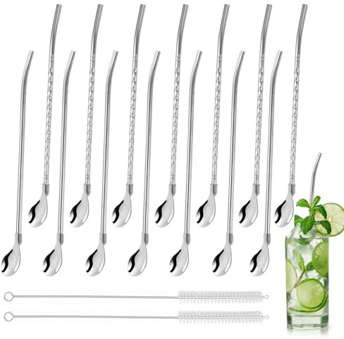 16er-Pack Strohhalme mit Löffel, 2 in 1 Trinkhalme Löffel Edelstahl, 14 Stück Strohhalmlöffel mit 2 Stück Reinigungsbürste, Löffelstrohhalme Wiederverwendbare für Latte Macchiato Milchshakes Cocktail
