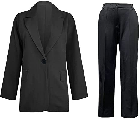 Ensemble blazer 2 pièces pour femme - Veste boutonnée à manches longues avec pantalon long - Vêtements d'extérieur à revers - 2 pièces - Pour le travail, le bureau - Taille britannique, Noir , XXXXXL