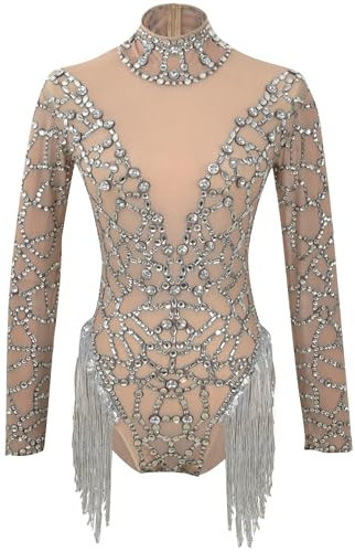 YUANTONG Glitzernder verzierter Damen-Body aus durchsichtigem Stretch-Mesh mit Strasssteinen und Fransen, hautfarbenes Dragque-Kostüm, Teint, Einheitsgröße