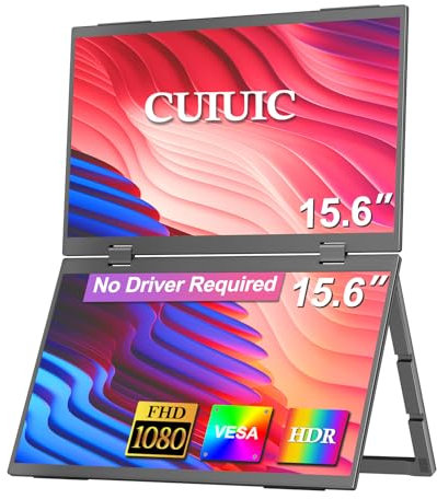 CUIUIC 15.6-inch Folding Portable Dual Screen 1080P, Laptop Screen, Plug and Play, No Driver Required Compatible with Windows/Mac, with Kickstand/VESA Hole