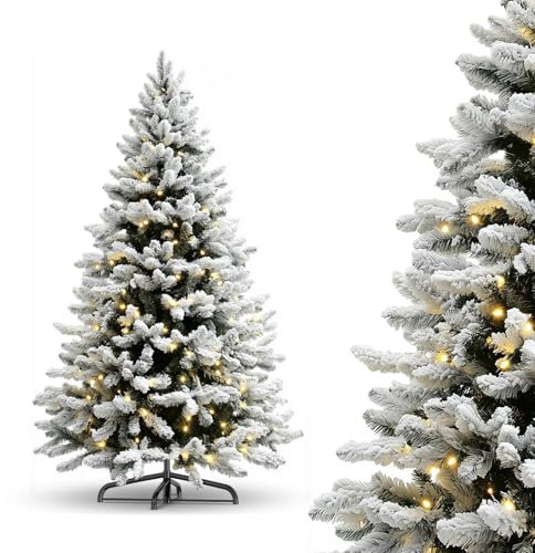 Albero di Natale Artificiale,150cm Albero Artificiale in PVC+PE con Luci LED,Effetto Fiocco di Neve,Ignifugo,Montaggio Facile, Base in Metallo,Decorazioni Natalizie,Sistema Pieghevole