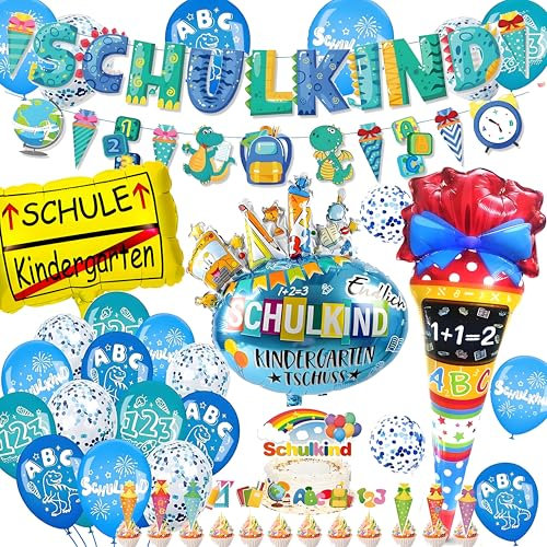 JJJZAMZ SCHULKIND 2025 Junge Einschulung Deko, Schulkind Banner + Schultüte Luftballons +20 Einschulung Latex Luftballons + 13 Stück Tortendeko Einschulung,Verwendung für Schulkind Deko Schulanfang
