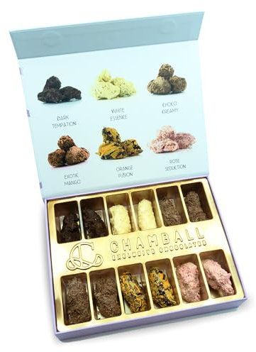 12 Trufas de Chocolate Belga Artesano con: Chocolate Blanco, Negro, Leche, Mango, Fresa y Naranja, Rocas de Chocolate ideal para Disfrutar y Regalar, Caja regalo Chocolate con Trufas Magicas CHAMBALL