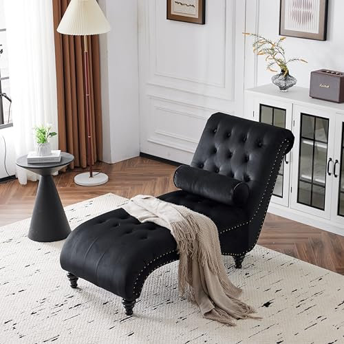 HAINEW Chaiselongue Loungesessel Indoor mit Lendenkissen, Gepolsterte Recamiere Liegesessel mit Knopfheftung für Wohnzimmer, Schlafzimmer, Schwarz