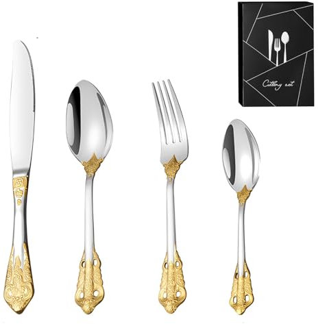 Customise Vintage Luxury Flatware Set, Customized Engraved Name Dates 4pcs Personalised Adult Cutlery Set, Fork, Knife, Spoon and Teaspoon, Custom Cutlery for Gifts (Style 1, 4pcs)